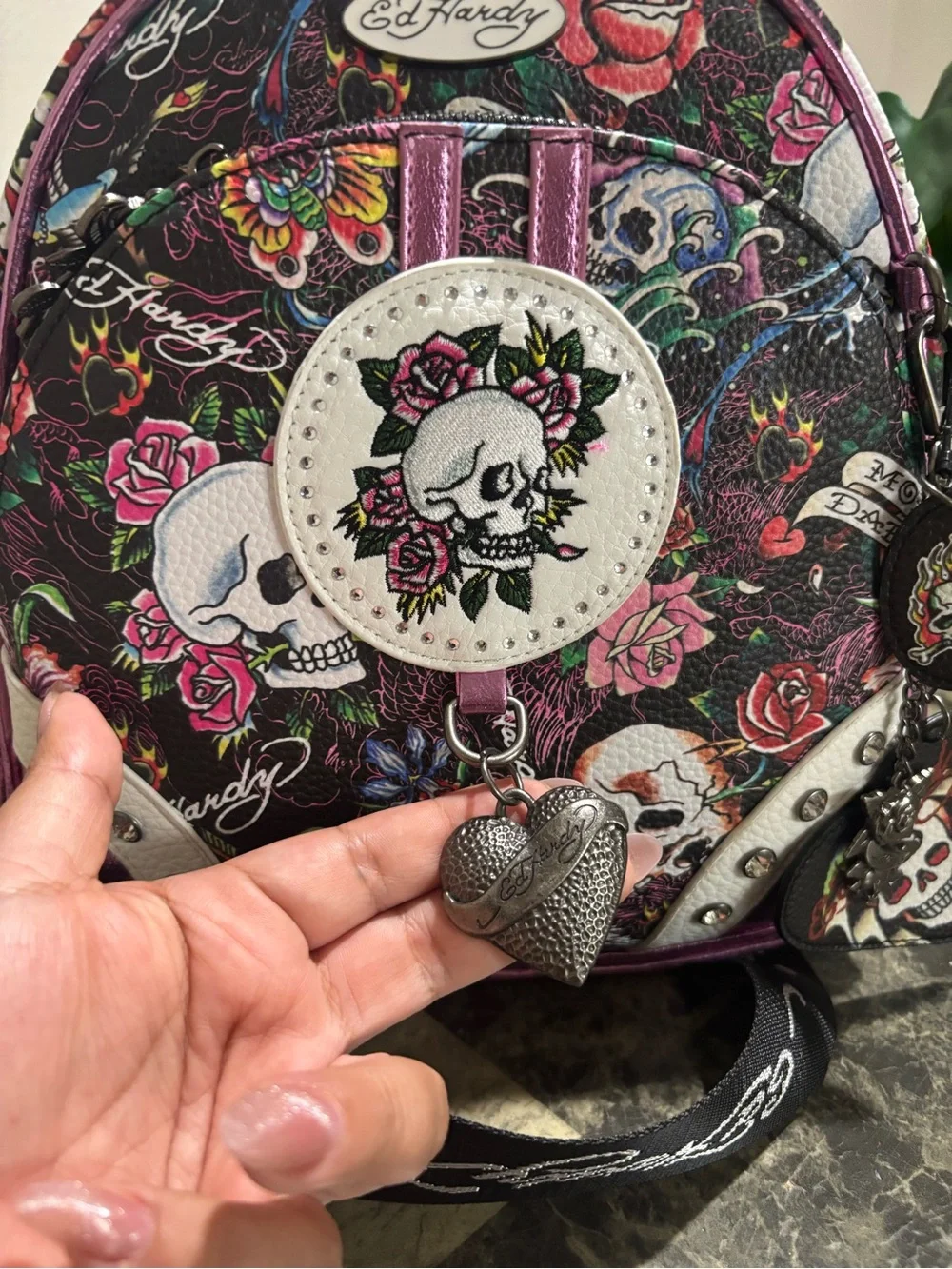 Ed Hardy Black Floral Skull Mini Backpack with Pink Accents